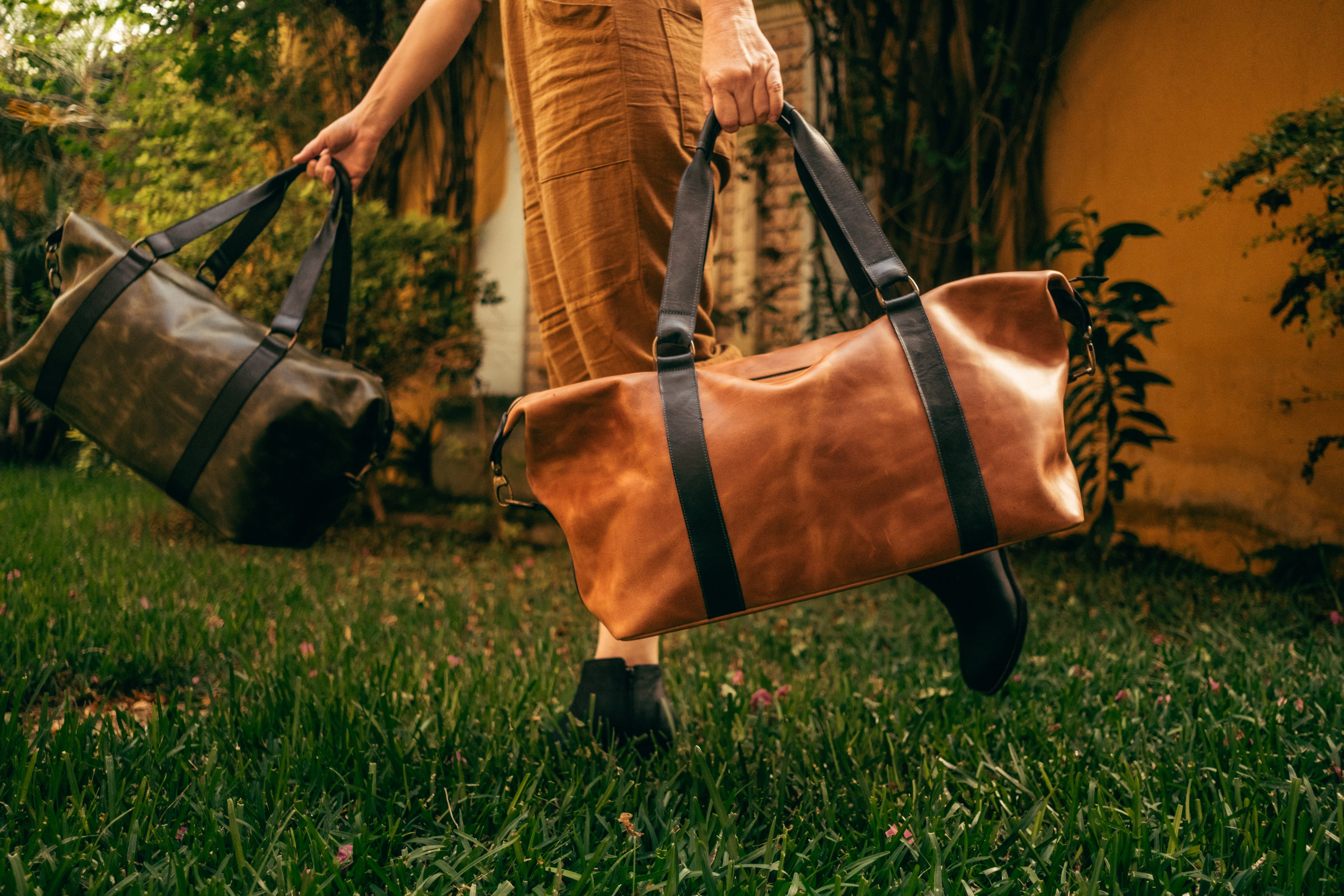 Leather Duffel - Green and Black