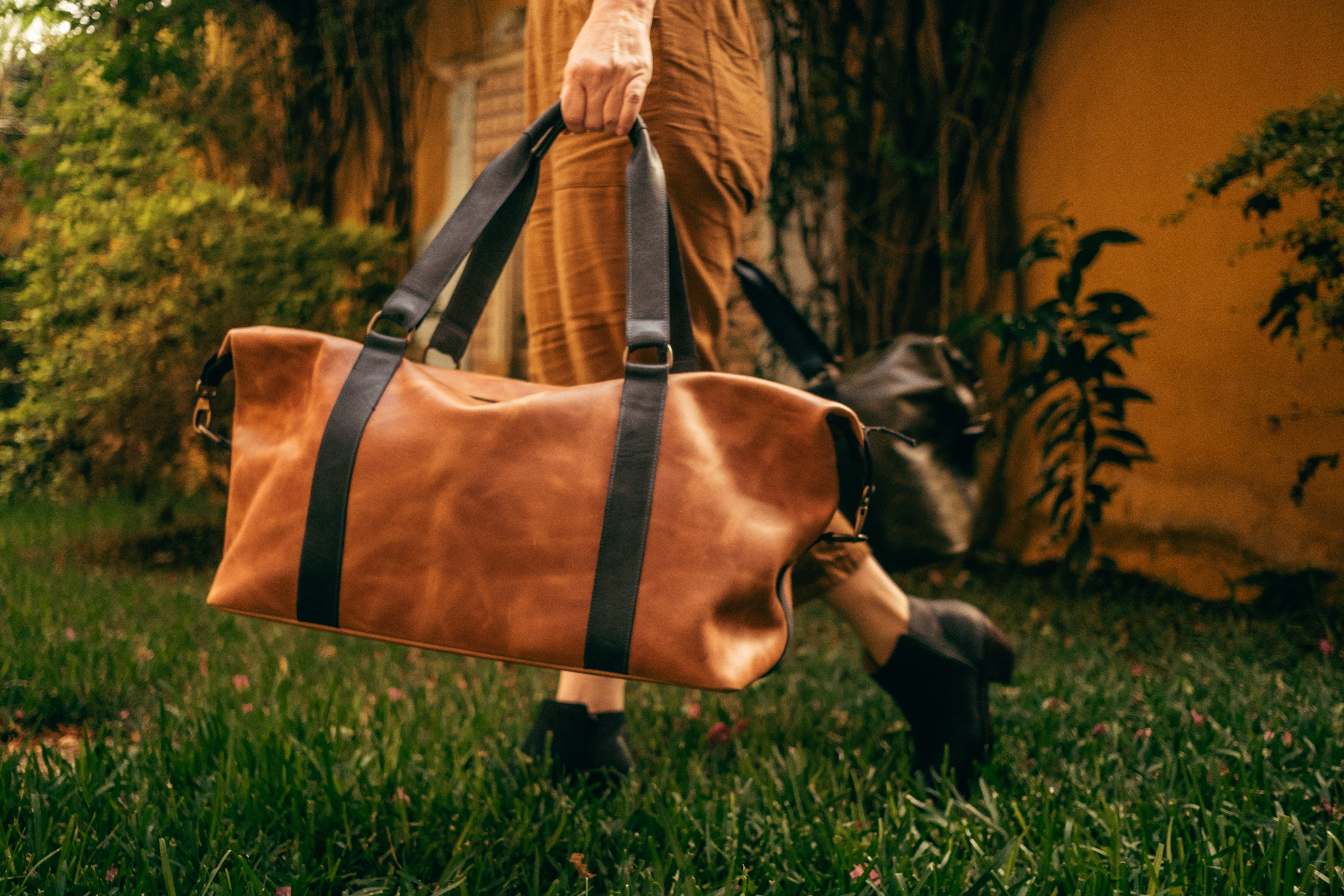 Leather Duffel - Tan And Blue