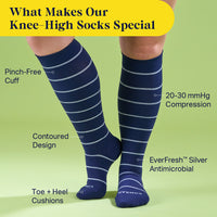 Knee-High Compression Socks – Stripes Navy (20-30 mmHg)