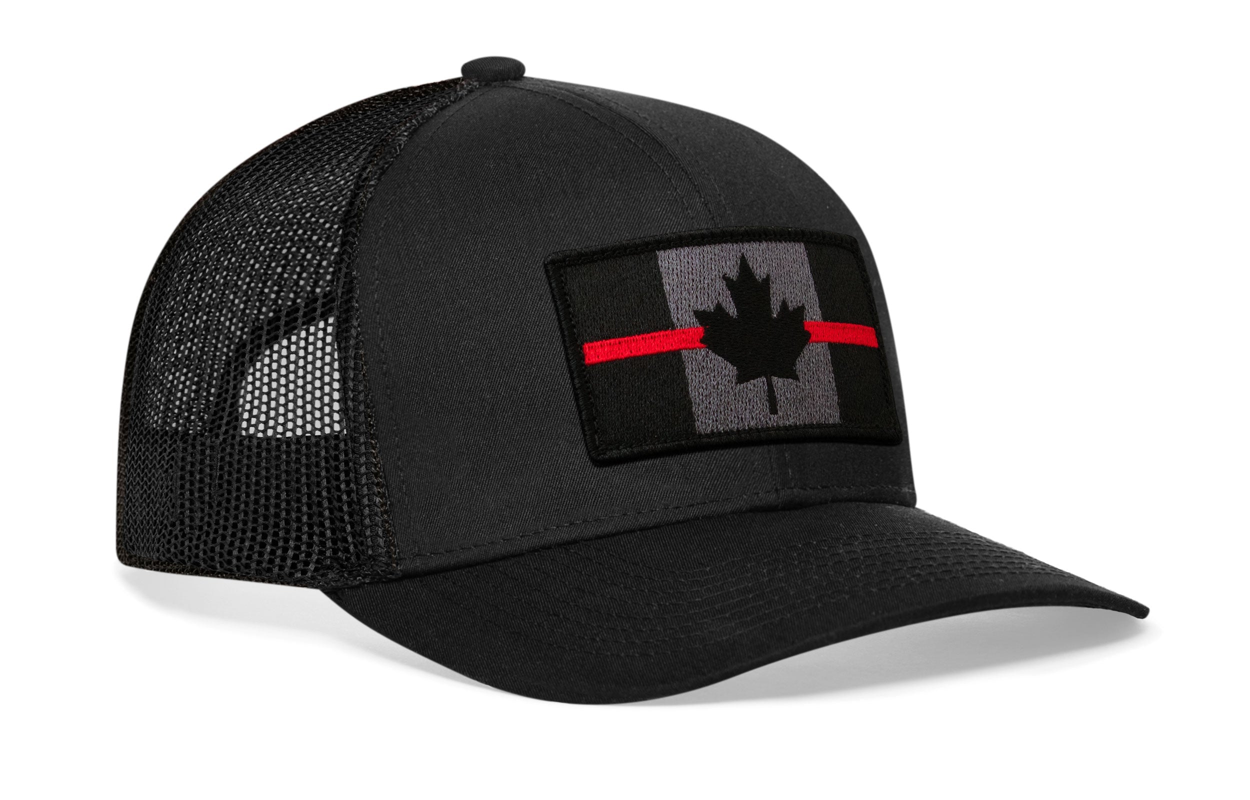 Thin Red Line Trucker Hat  |  Black Canadian Maple Leaf Tactical Snapback