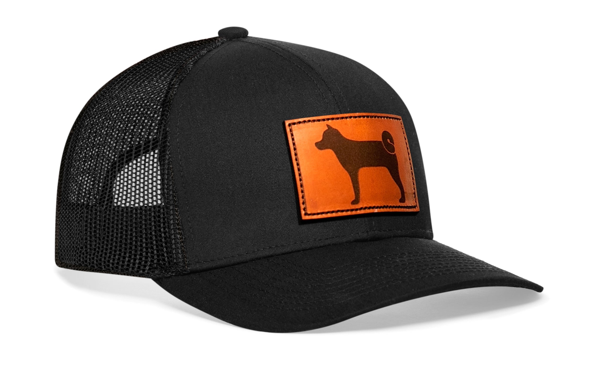 Shiba Inu Trucker Hat Leather  |  Black Dog Snapback